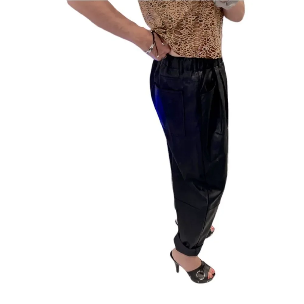 NEW Free People Faux Leather Black Buttons Fly Wide Leg Pants.Size S